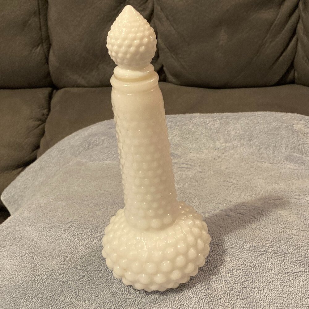 VTG White Milk Glass Hobnail Cologne/Perfume/Decanter Bottle & Stopper-8.5"H-VGC